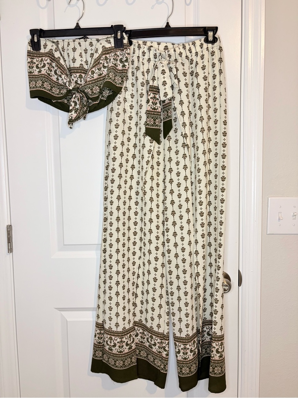 Cream & Olive Printed Two-Piece Set - Tie Front Top + Wide Slit Leg Pants